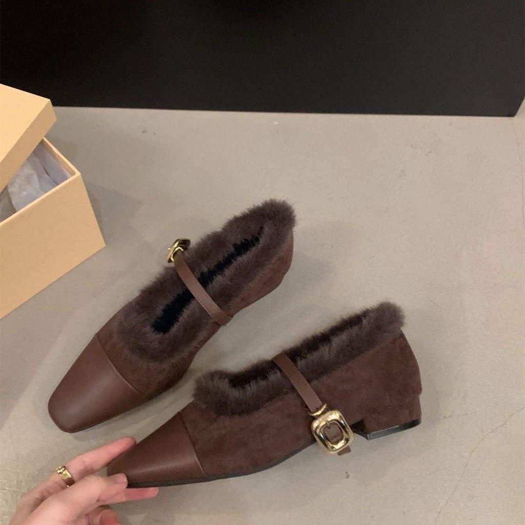 French Flat-bottomed Plush Shoes Mary Jane Single Shoes Women's Shoes 2025 New Autumn and Winter Warm Cotton Shoes Evening