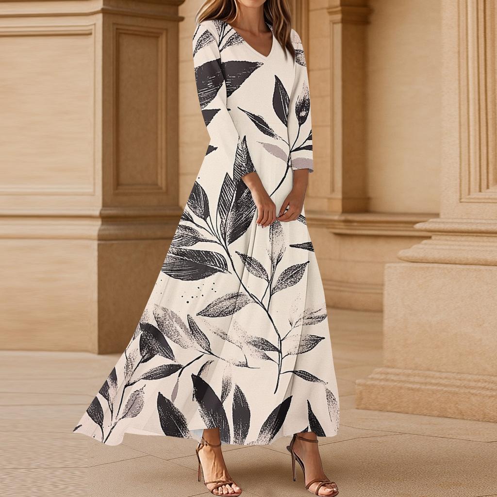 Women's Casual 3/4 Sleeve V-Neck Floral Print Maxi A-Line Beach Dress