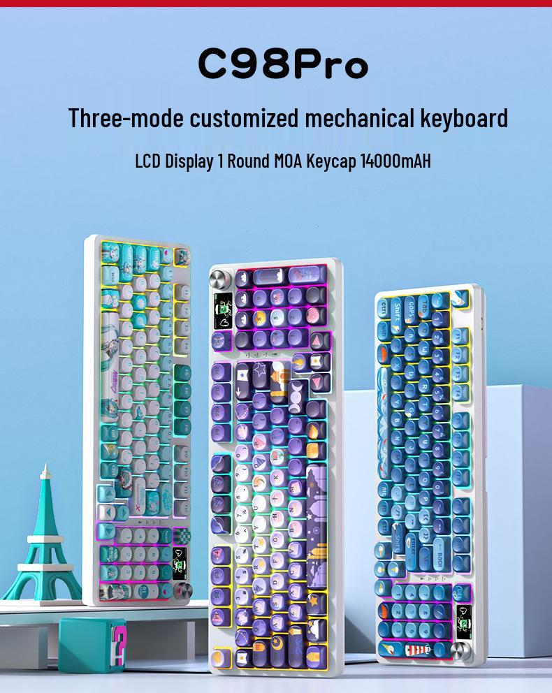 98-Key RGB Wireless Bluetooth Triple-Mode Mechanical Keyboard - Gaming, Esports & Office Customization Screen