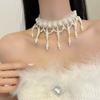 Creative Tassel Beads Necklace White Mesh Neck Jewelry Adjustable Pearl Lace Choker  Daily