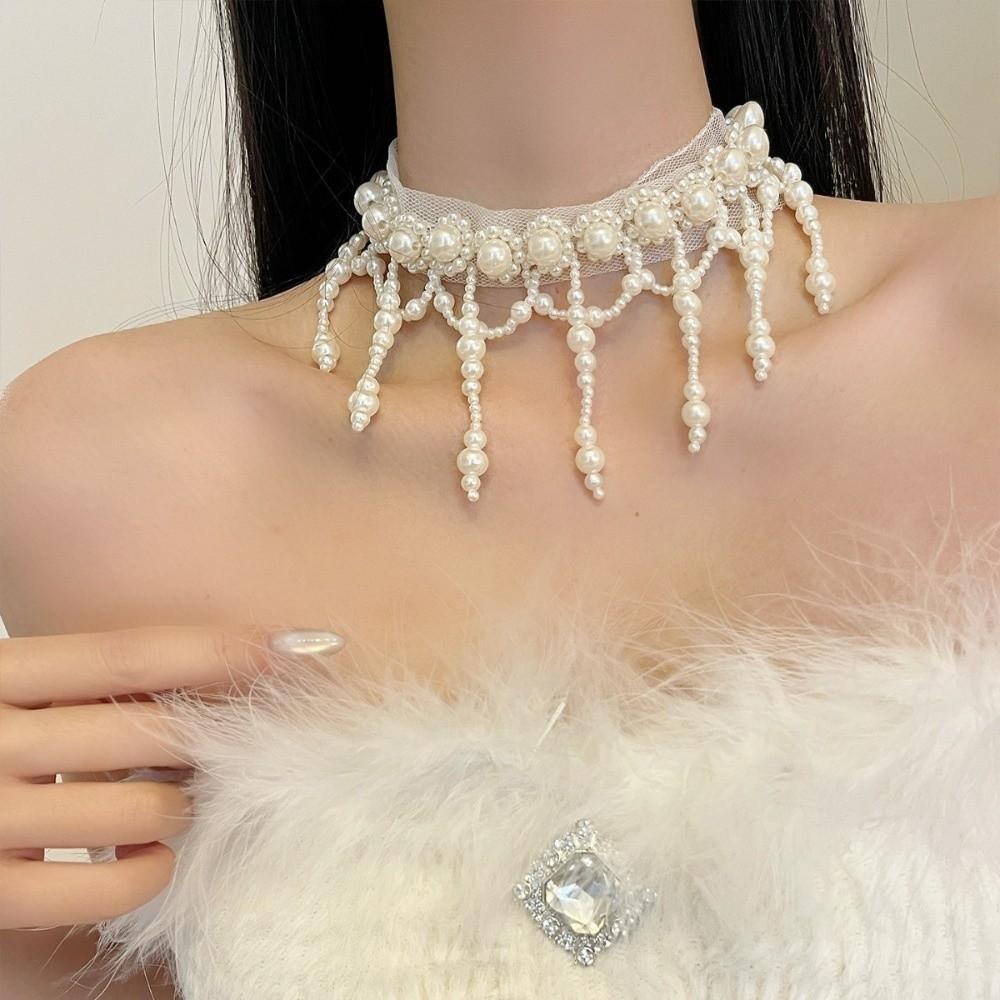 Creative Tassel Beads Necklace White Mesh Neck Jewelry Adjustable Pearl Lace Choker  Daily