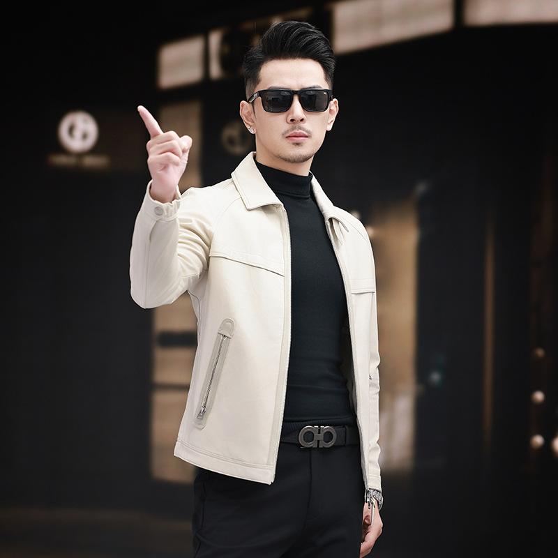 New Genuine Leather Jacket Men's Goat Leather Jacket Lapel Motorcycle Casual Trendy Short Fashionable Jacket for Young and Middle-aged People