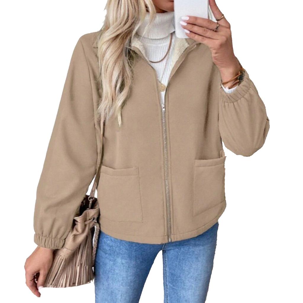 Damenmode Lässig Revers Einfarbig Reißverschlusstaschen Jacke