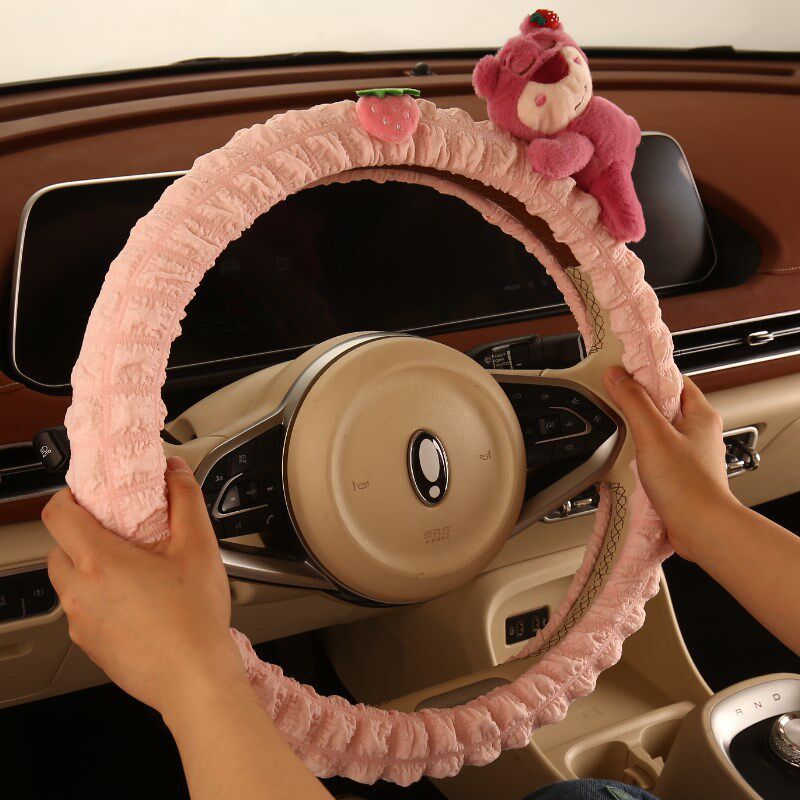 Car Steering Wheel Cover for All Seasons, Cute Pink Z Strawberry Bear, Women's Sweat-Absorbent D-Shaped Handlebar Cover, Women's Winter Model