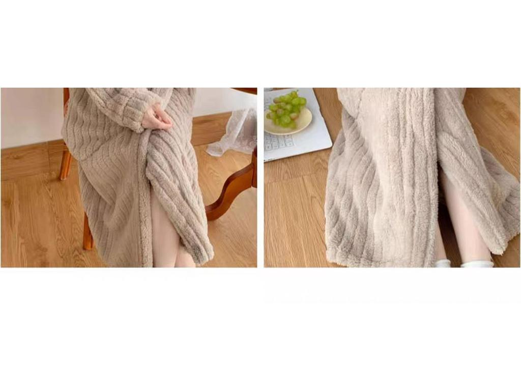 Women's 2025 Autumn/Winter Plush Pajama Set: Vertical Stripe Robe & Lined Nightgown