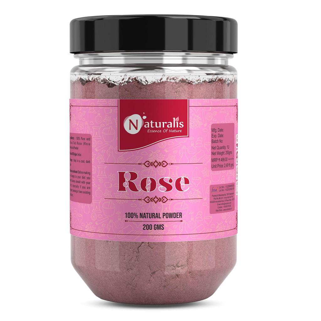 Naturalis Rosenpulver - 200g Fein gesiebt, Sonnengetrocknetes Rosenblütenpulver für Gesichtsmasken, Haarmasken & Bräunungsentfernung| Ideal für DIY Haut- und Haarpflege Rou