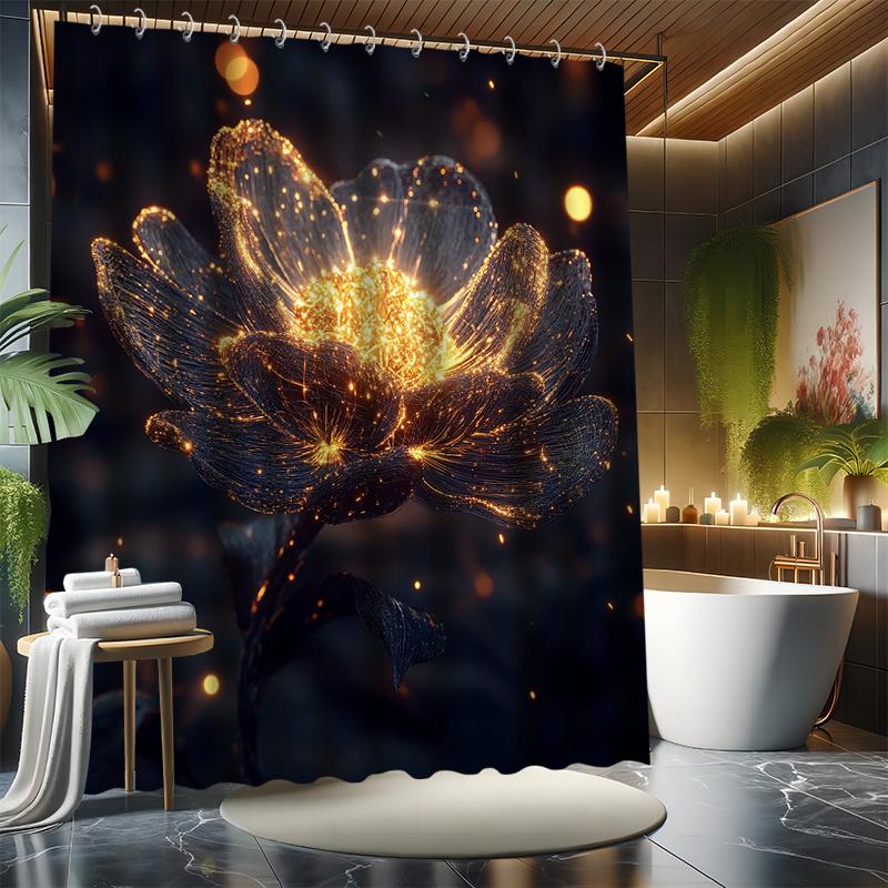 Flowing Flower Shower Curtain Set - Sparkling Light Emitting Stamens, Includes 12 Hooks, Polyester Fabric, Modern Bathroom Decor W90XH180cm