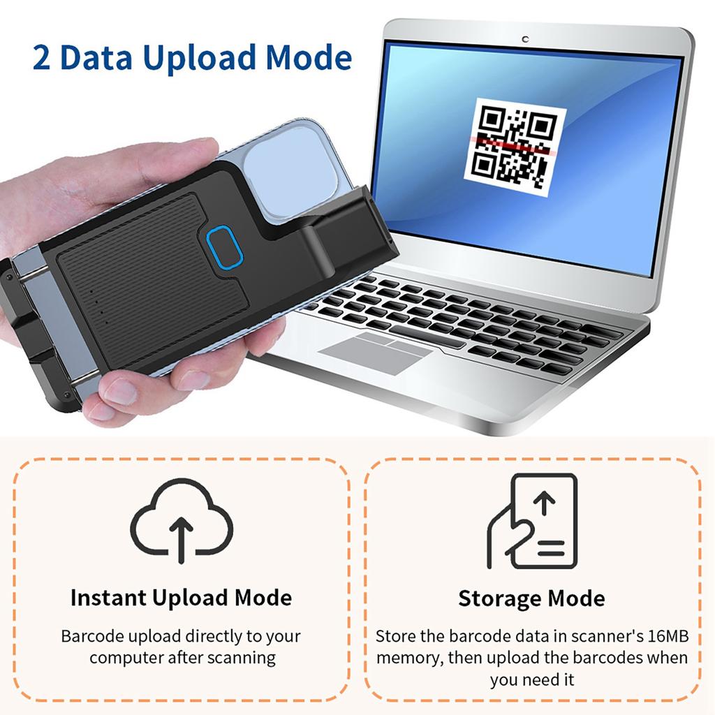 Barcode Scanner Portable Back Clip Bar Reader BT+2.4G Wireless and Wired Connection with Offline Storage Support for