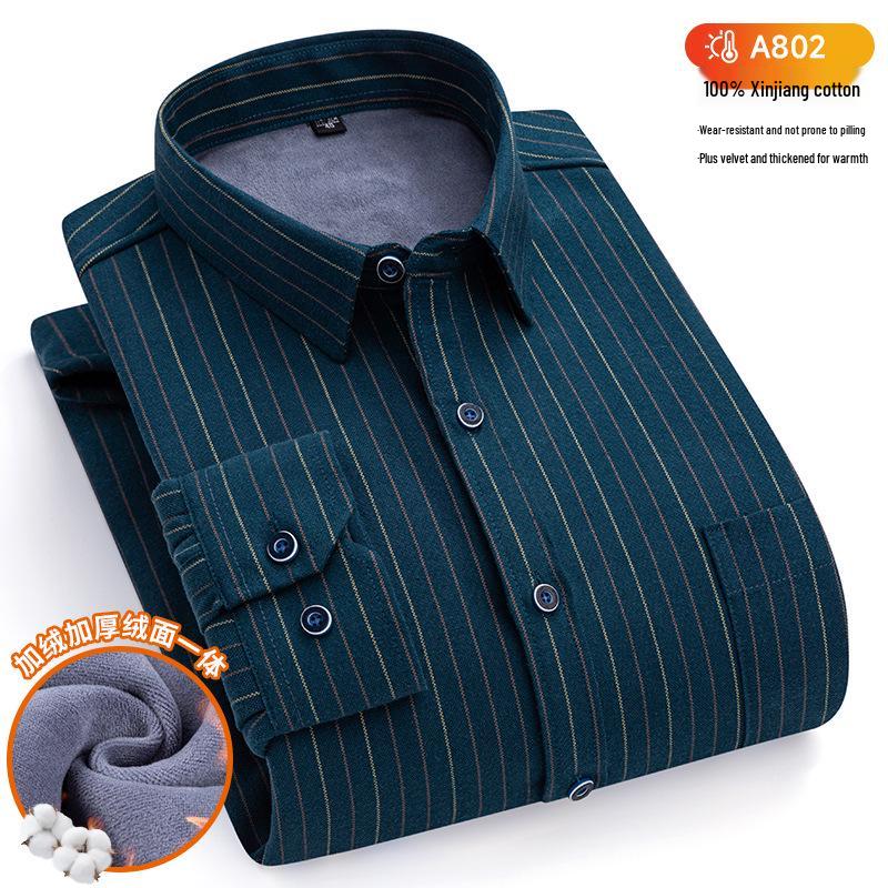 New Plus Size Velvet-Lined Men's Pure Cotton Plaid Shirt - Warm, Thickened for Autumn/Winter Cold Protection