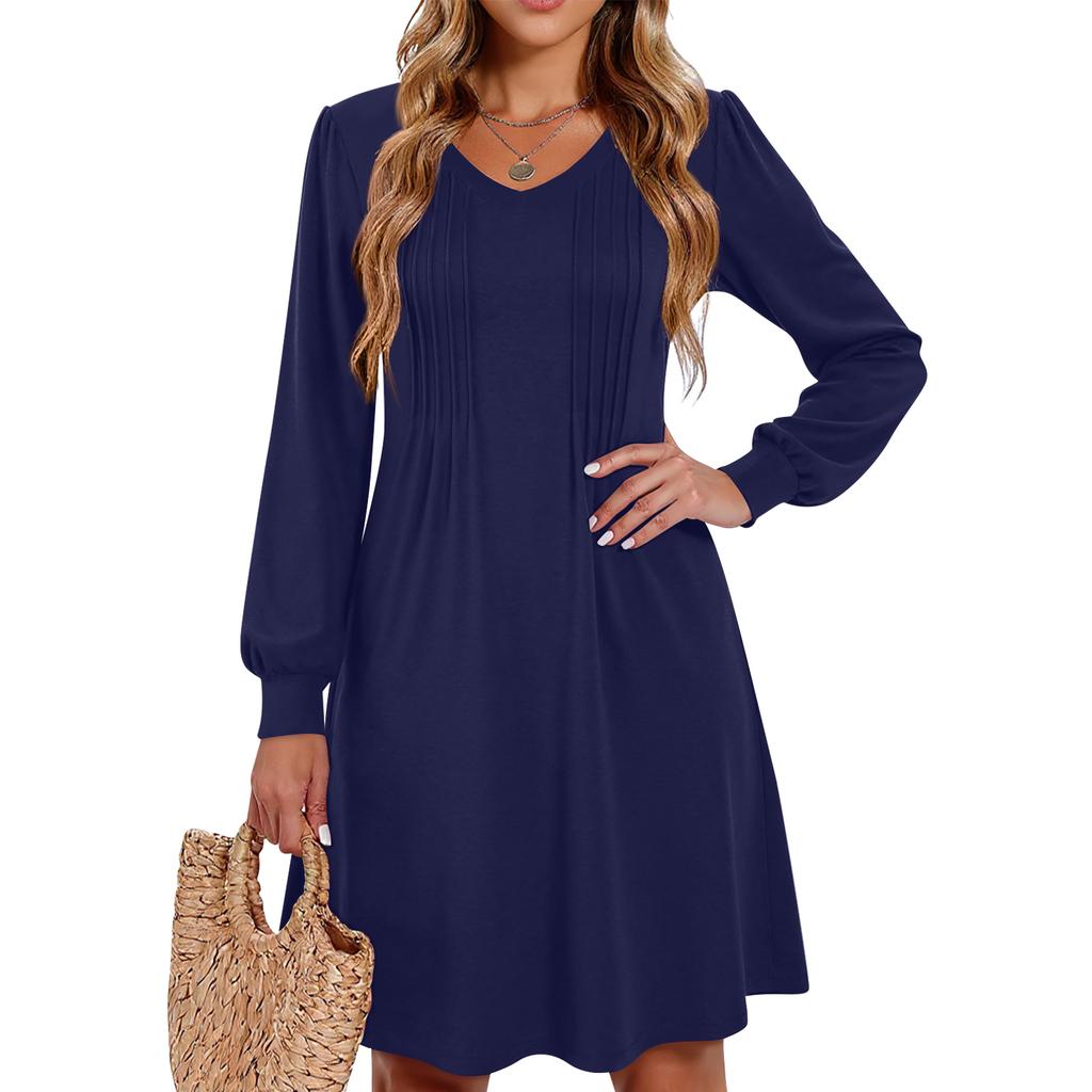 Women's Solid Color Casual Fashion V-neck Long Sleeved Mid Length Dress