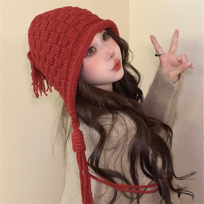 Handmade Fringed Braids Hat Y2K Sweet Girl Warm Beanie Hat InsStyle Bonnet Winter Autumn Skull Hat Pullover Earflap Hat