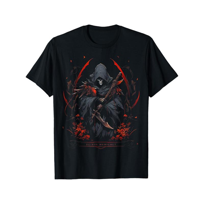Men'S Grim Reaper With Scythe T-Shirt- 100% Cotton Soft Breathable Tee Suitable For Summer, Gothic Costume Event Outfit- Casual Outdoor Wear With