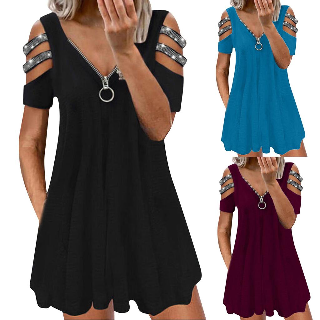 Women's Fashion  Strapless Solid Color V-Neck Short Sleeves Leisure Dress