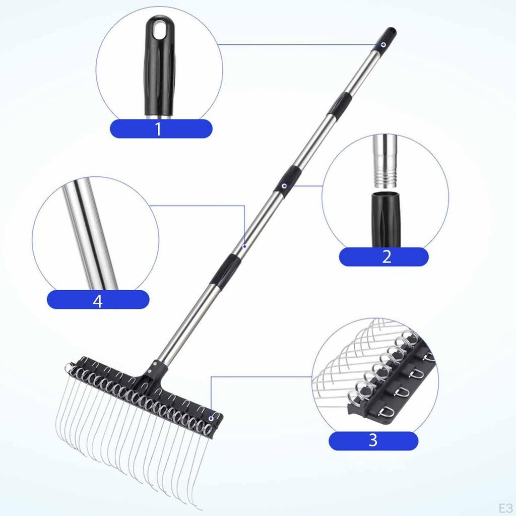 Long Handle Garden Rake Gardening Tool Garbage Lawn Yard Leaf Heavy Duty for Farm Outdoor