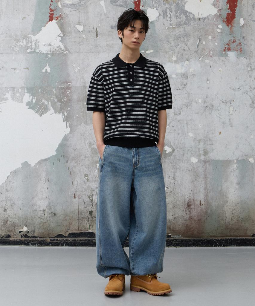 AGOD Collar Button Stripe Half Knit [Black]