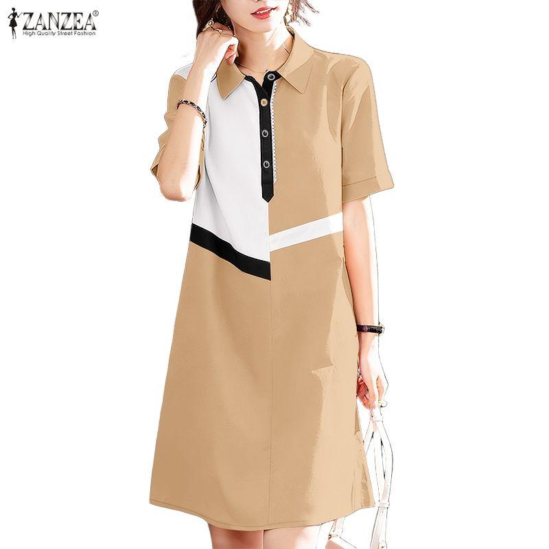 ZANZEA Women Casual Turn Down Collar Short Sleeve Patchwork Dress