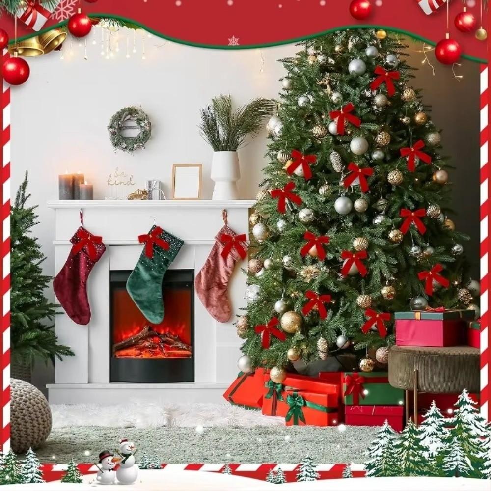 24PCS with Pearl Chain Christmas Tree Bows Velvet Wreath Bows Decoration Xmas Party