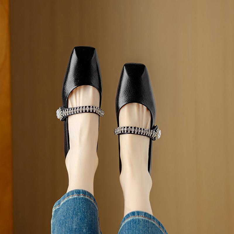Fashion Women's New Leather Cowhide Spring and Autumn Square Head Diamond Pearl Belt Buckle Low Heel Mary Jane Work Shoes