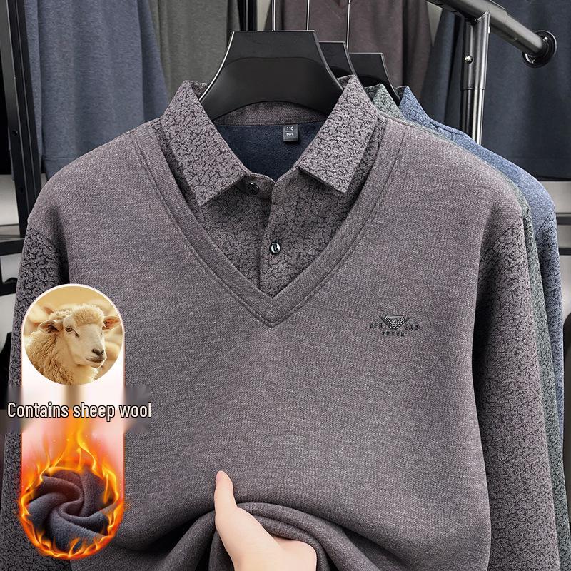 Herren Herbst/Winter Verdickter Samt Wolle Revers Zweiteiliger Lagenpullover für Mittleres und Älteres Alter