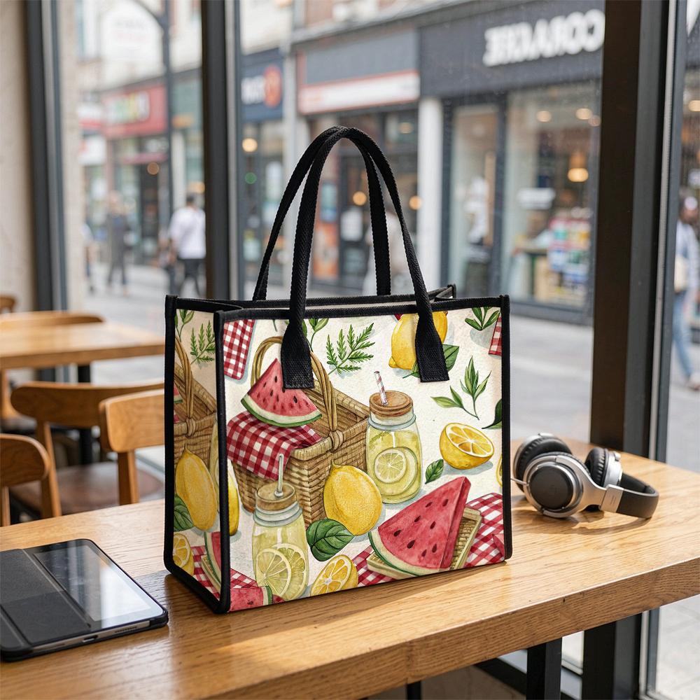 Summer Picnic Lemon Watermelon Printed Casual Tote Bag Fashion Large Capacity Portable Daily Shopping Handbag