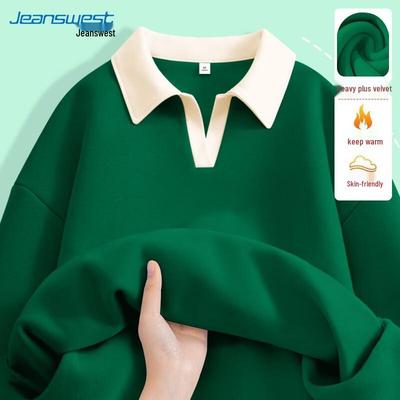 JEANSWEST Damen Fleecegefüttertes Color-Block Polo-Sweatshirt