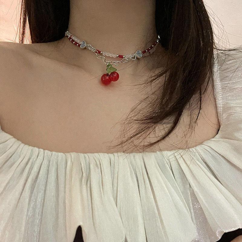 Collana girocollo con perline Ciliegia Rossa Capodanno Natale Perline a forma di Cuore Collane con Ciondolo Ciliegia