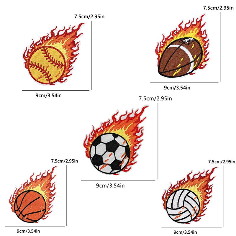 10pcs Flame Sports Ball Embroidery Patches On Clothes Jackets Backpack Football Volleyball Rugby Iron On Patches For Clothing