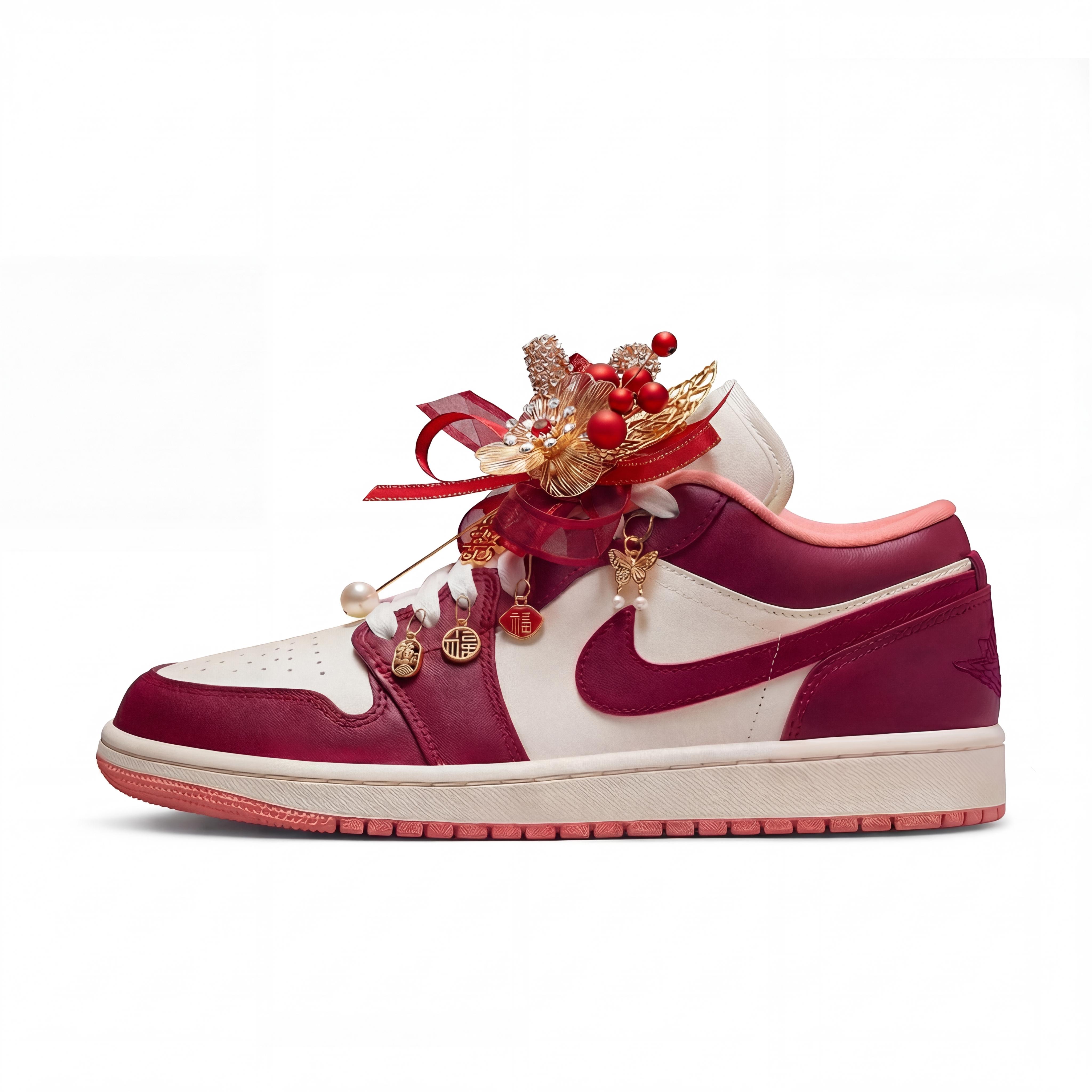 Jordan Air Jordan 1 Horse Year CNY Wedding Shoes, Three Times Lab, United Hearts, Red Dress Welcoming Blessings DC0774-101(Team-) 35.5