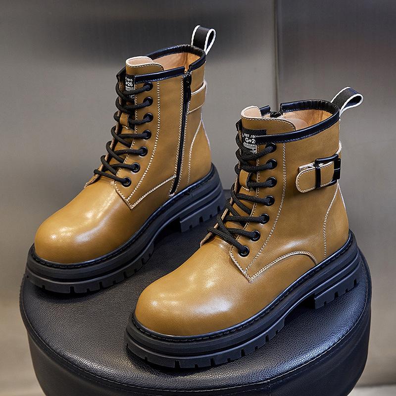 Winter 2025 New British Martin Boots Women's Thick Heel Platform Casual Short Boots Women's Medium Leather Boots Women's