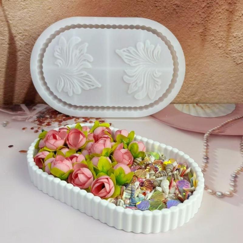 Oval Shape Storage Tray Silicone Mold with Flower Pattern Handmade Concrete Tray Casting Mould For Desktop  Shelf Decors