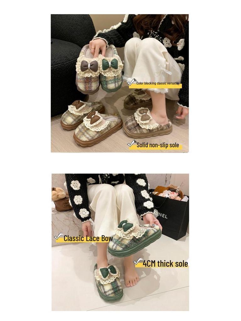 Women's Cotton Slippers Autumn/Winter 2025: Korean Style with Lace Bow, Thick Non-Slip Sole, Warm for Indoor Use.