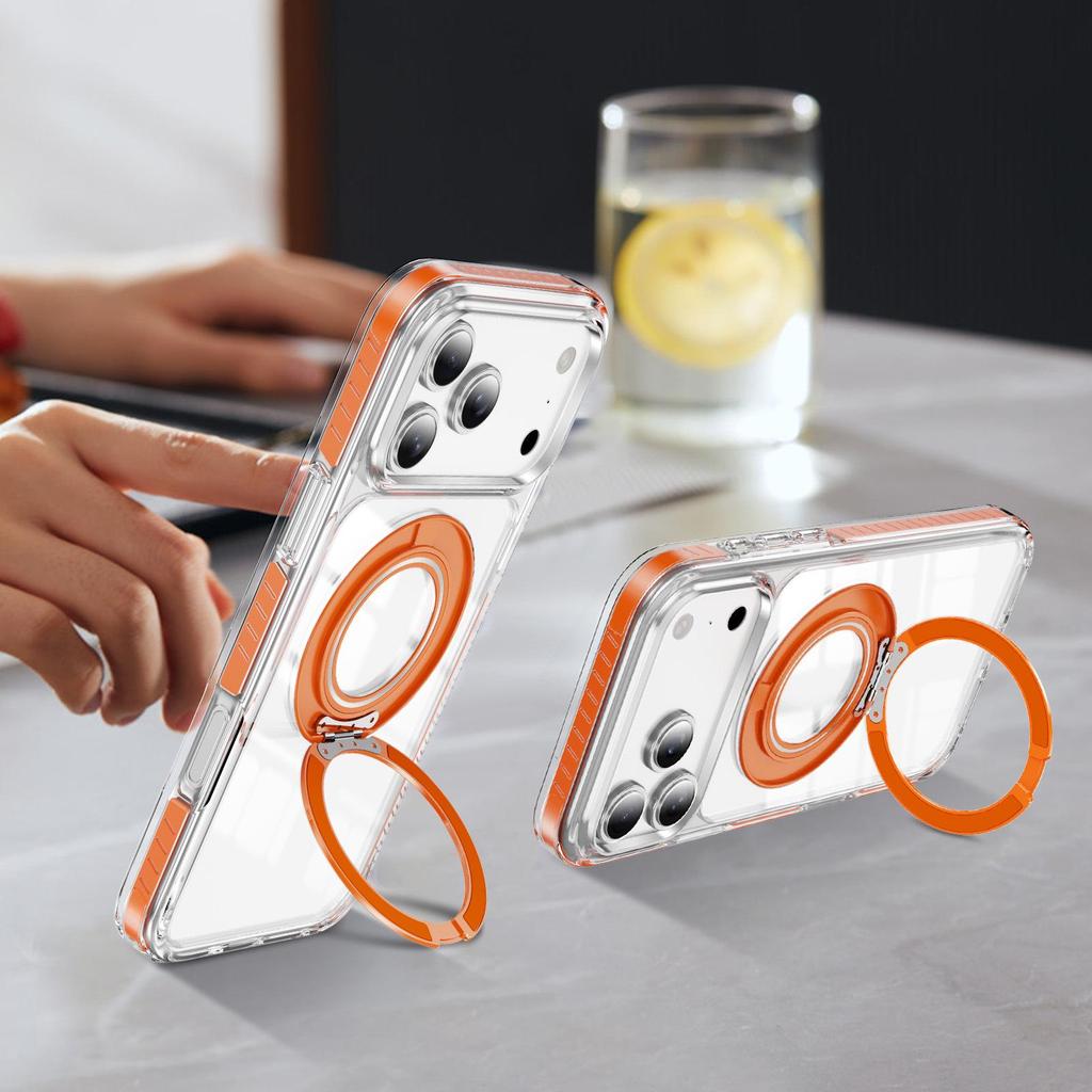 iPhone 17 Pro Max Magnetic Transparent Case with Two-Color Rotating Stand for Apple 16/15 Pro