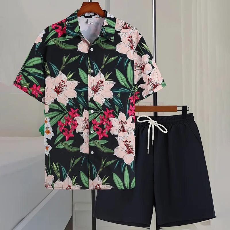 Stylish Lapel Button-Down Shirt Shorts Set Summer Men's Short-Sleeved Shirt Drawstring Shorts 2-Piece 3D Leaf Print Travel Suit