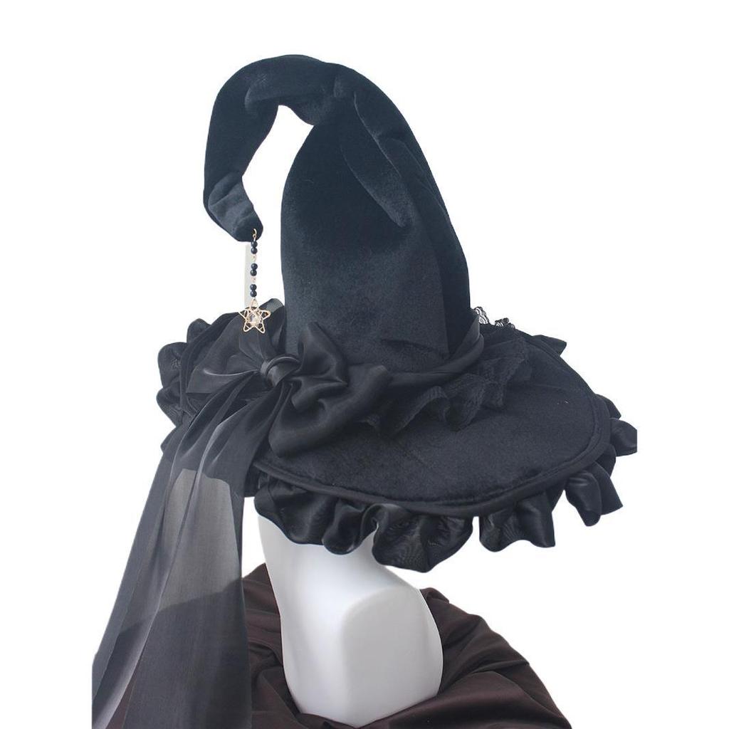 Handmade Dark Goth Lolita Wide-Brim Witch Hat for Halloween