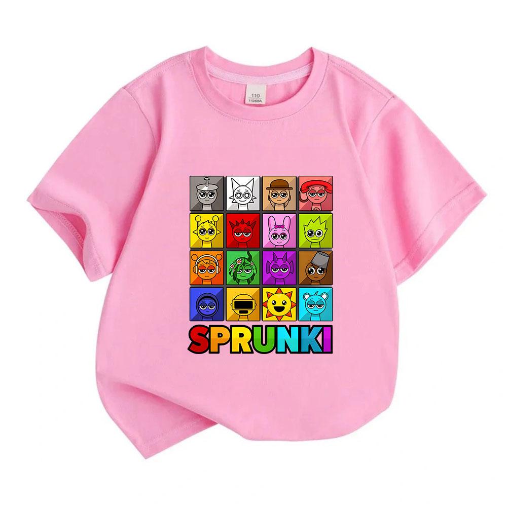 Kids Boys Girls 100% Cotton Short Sleeve O-Neck T-shirt Cute Sprunki Character Print Casual Soft Breathable Tee for Children Daily Wear Home School Gi