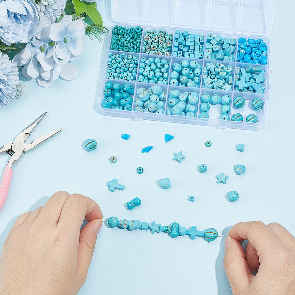 1set 15 styles  Turquoise &  Magnesite Beads sets Dyed Mixed Shapes Mixed color 4~16x4~12x2.5~10mm Hole: 1~1.5mm