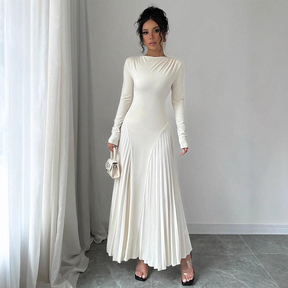 2025 Women’s Elegant Long Sleeve Pleated Knit Dress for Spring/Autumn