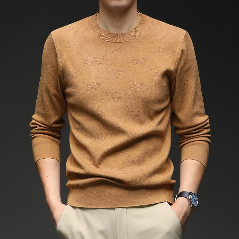 New Autumn And Winter Men'S Sweater Solid Color Round Neck Jacquard Casual Fashionable Simple Knitwear Base Sweater Top