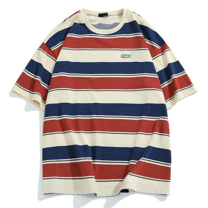Main Striped Couples T-shirts for Men and Women Summer Loose Contrast Color Short Sleeve Shirt for Unisex