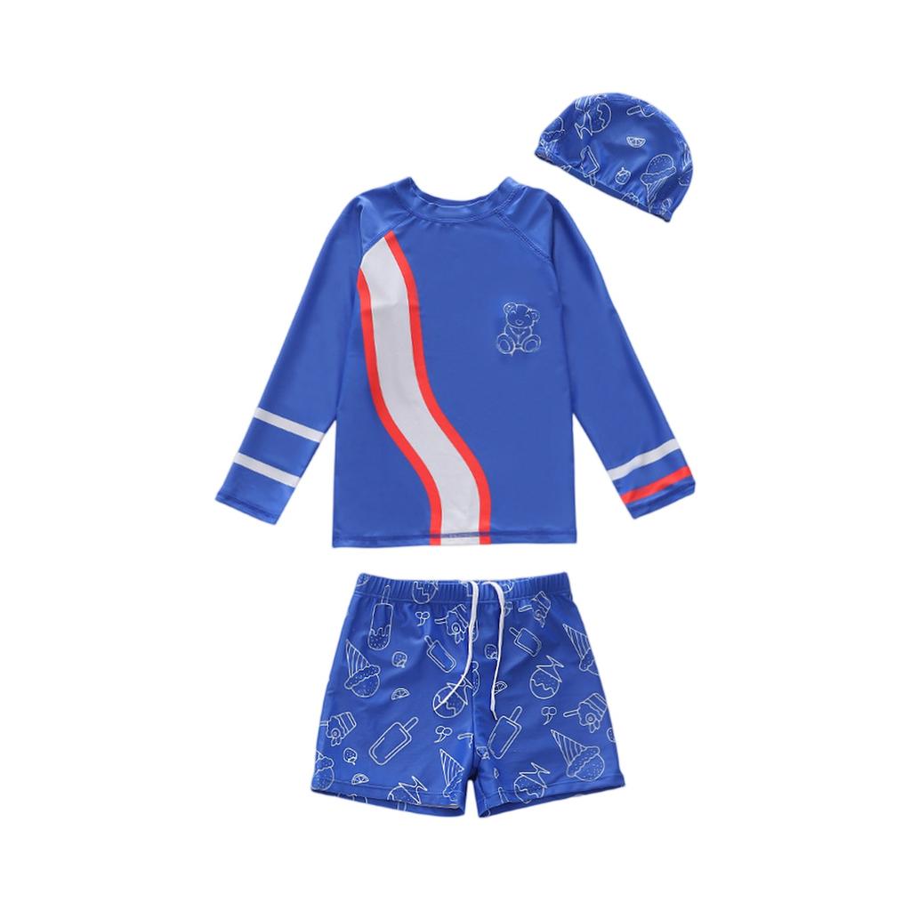 Boys Three Piece Swimwear Set Long Sleeve Rash Guard Swim Shirt Swim Shorts and Swim Cap Cartoon Print Lightweight Quick Dry