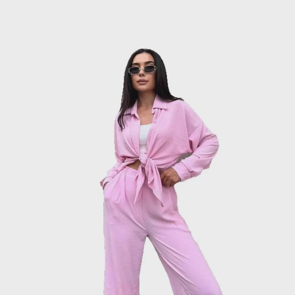 European & American Style Solid Color Lapel Long Sleeve Shirt with Casual Pants Two-Piece Set for Autumn 2025