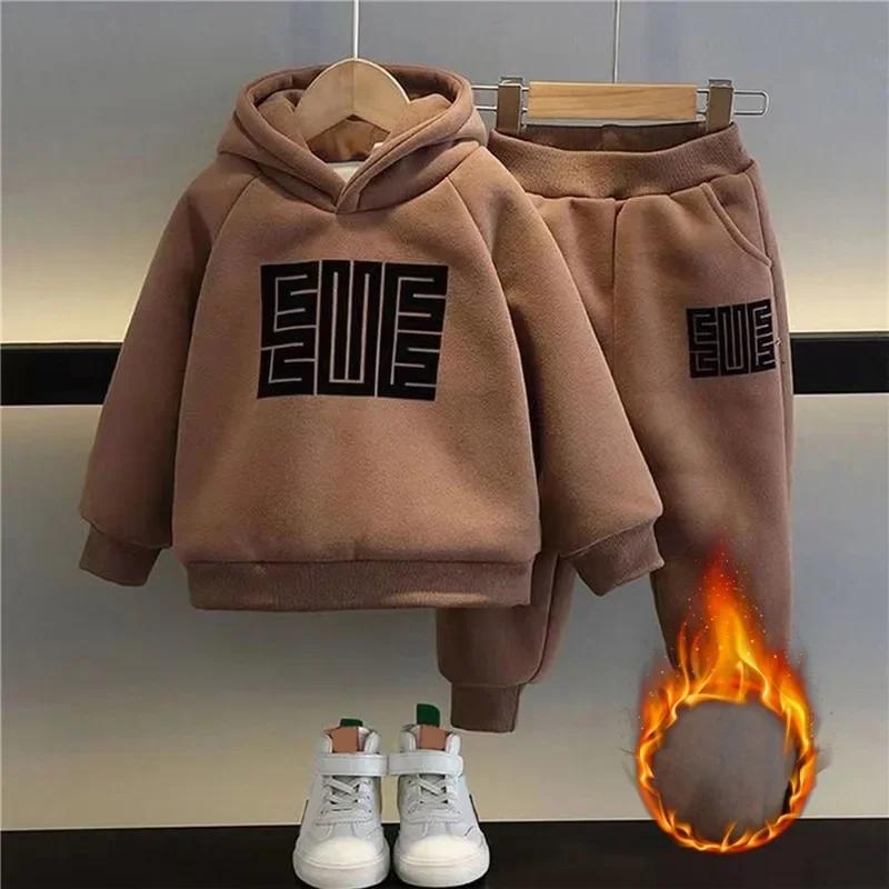 Children Winter Plus Velvet Warm Pullover Tops+Pants 2pcs Set Boys Girls Cotton Sweatshirts Sports Casual Clothes Suit 3-12Y