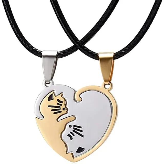 Couple Heart Necklace Cute Cartoon Cat Pendant Necklace Simple Color Black Animal Necklace Jewelry Gift For Girl Boys