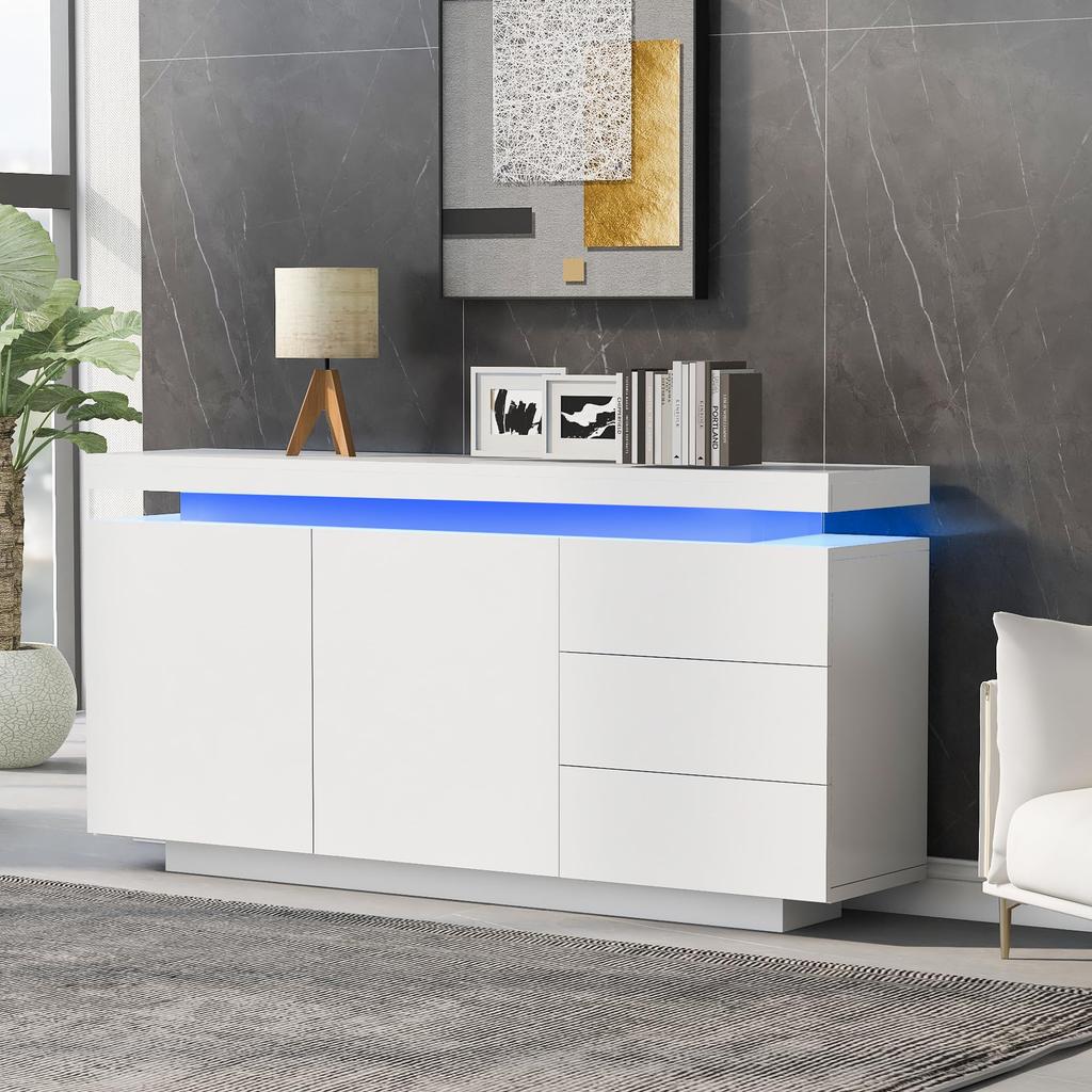 Sideboard Hochglanz Kommode Anrichte Schrank 2 Türen & 3 Schubladen, Standschrank Highboard, griffloses Design, verstellbare Regale, Weiß