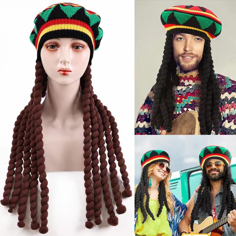 Reggae klobouk s dredy Pohodlný pletený klobouk Paruka Etnický styl Reggae baret Vlněný pletený klobouk ke kostýmu