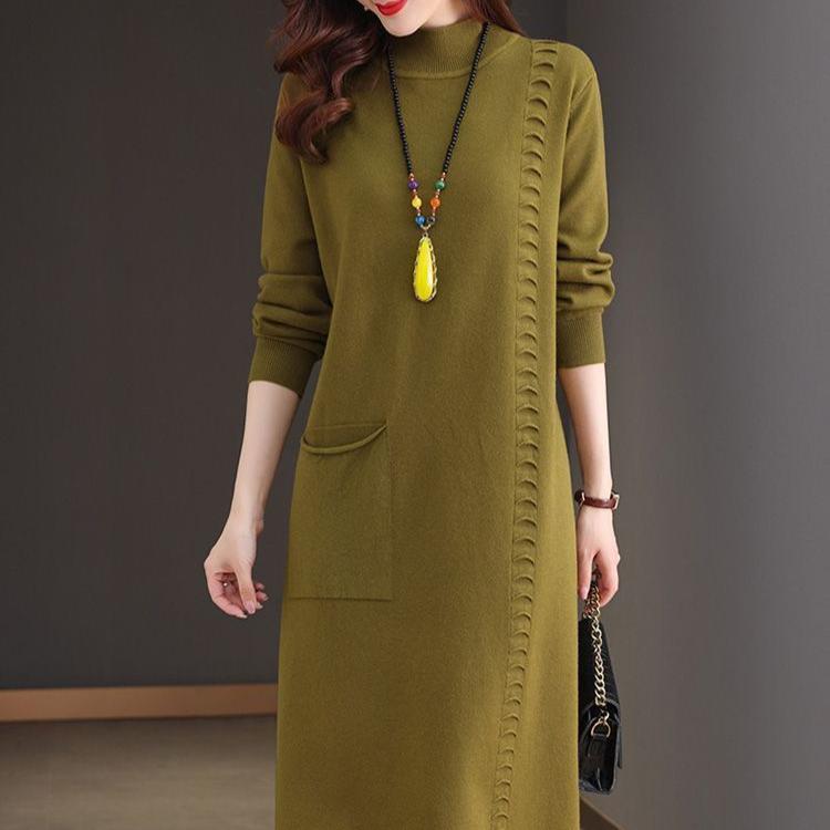 Knitted Dress Knee-length Women's Mid-length Loose Dress Plus-size Sweater Dress Solid-color Casual Half Turtleneck Pullover