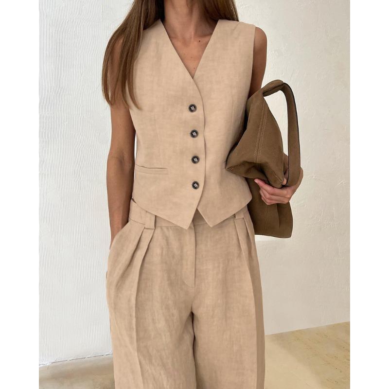 Damen Pendler Einfarbig Weste Und Lange Hose Zweiteiliges Bekleidungsset