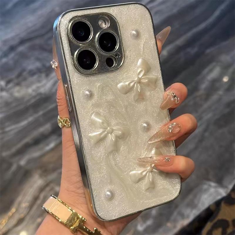 

For IPhone 17 Promax Drop Glue Bow Pearl Phone Case for Apple 15 Plus Precision Hole 14 Anti Drop 16 For iPhone 17Promax