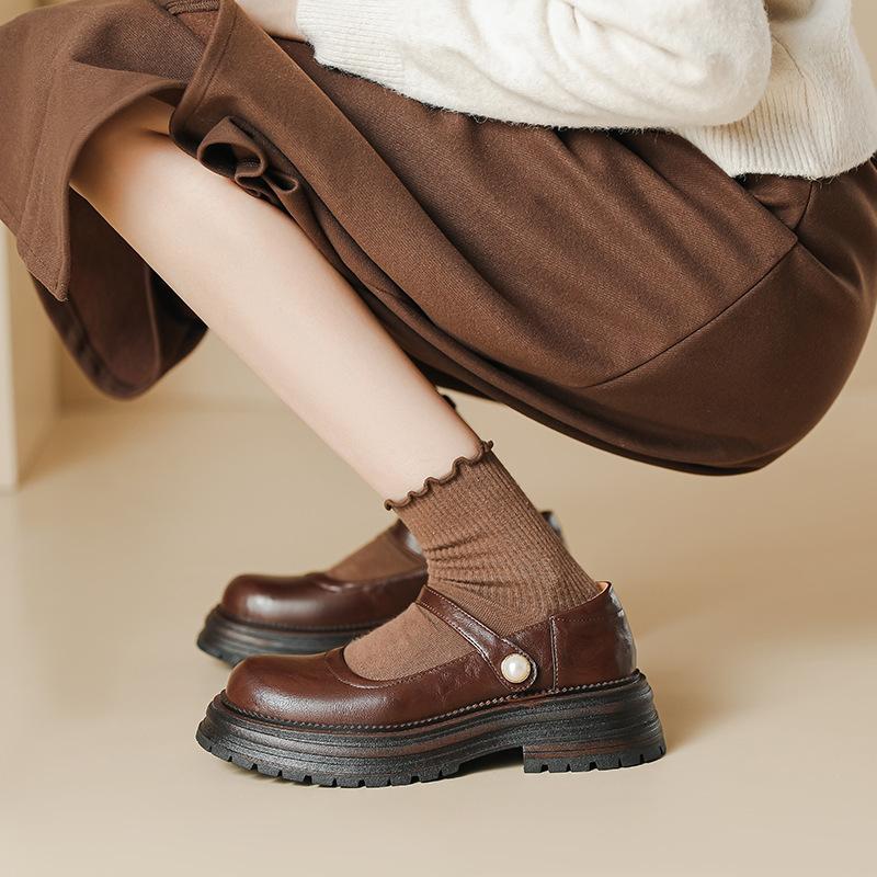 Retro British Shallow Mouth Small Leather Shoes Women's Spring and Summer New Round Head One-word Buckle Belt JK Versatile Japanese Mary Jane Singl