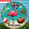 2D flat 20*20cm 1pc Welcome Beautiful Pink Flamingo&Coconut pattern Round Wooden Hanging Sign, tropical Beach style Welcome Art plaque, Suitable